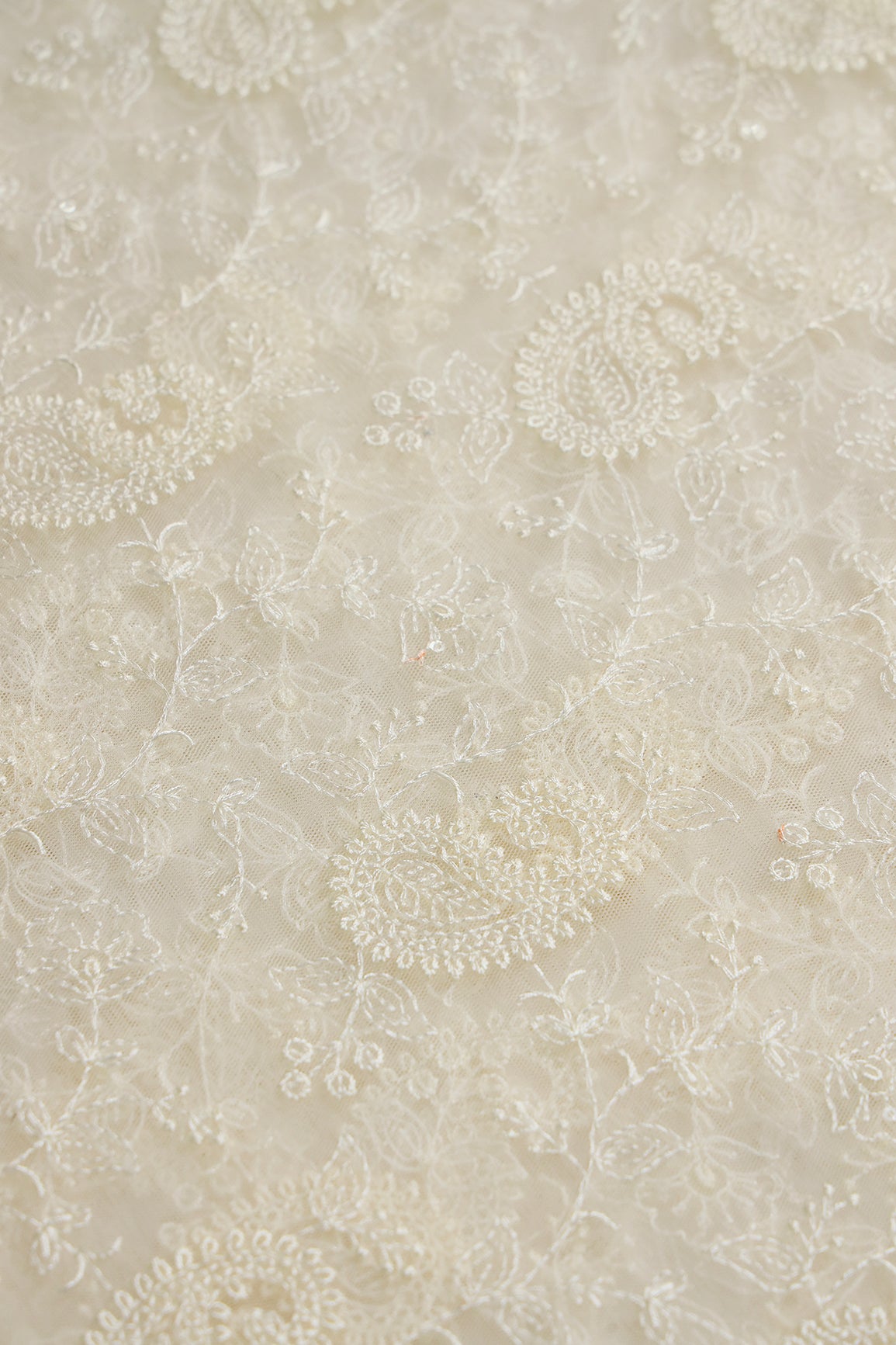 Cream Thread With Water Sequins Floral Paisley Embroidery Work On Cream Soft Net Fabric