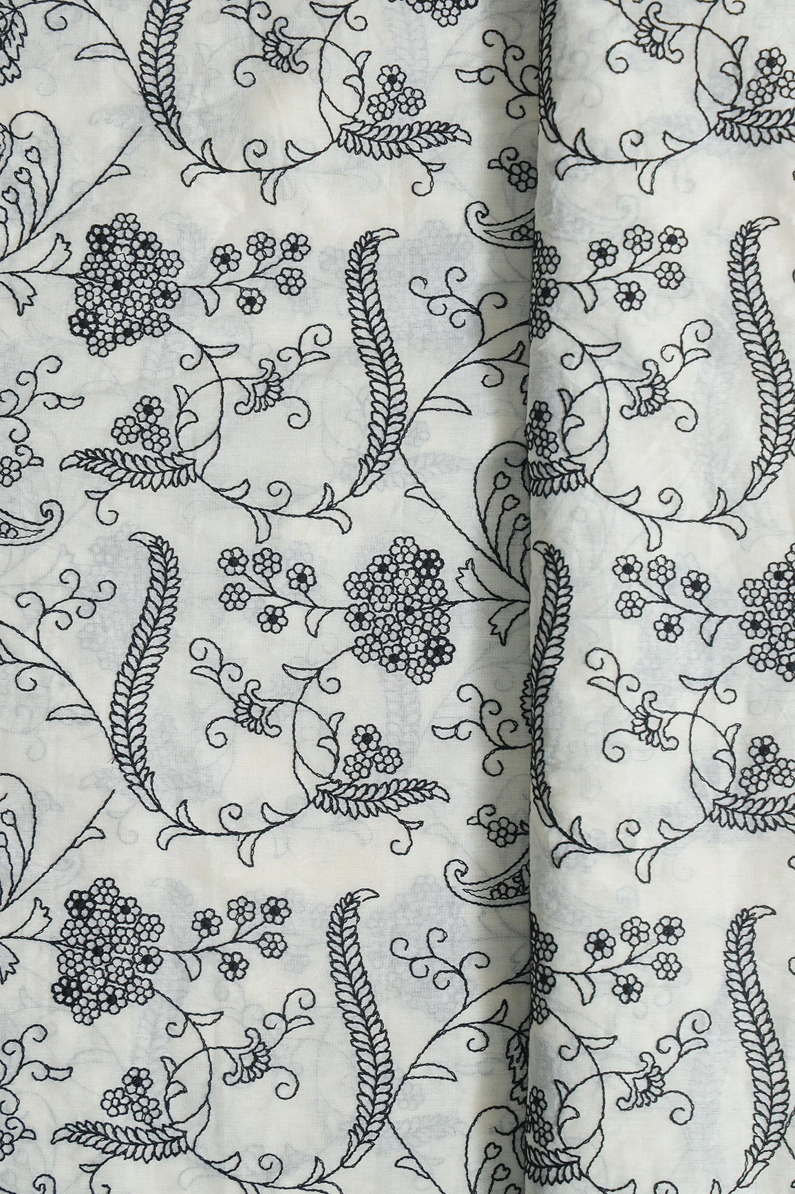 Beautiful Black Thread Floral Embroidery Work On Off White Pure Cotton Fabric
