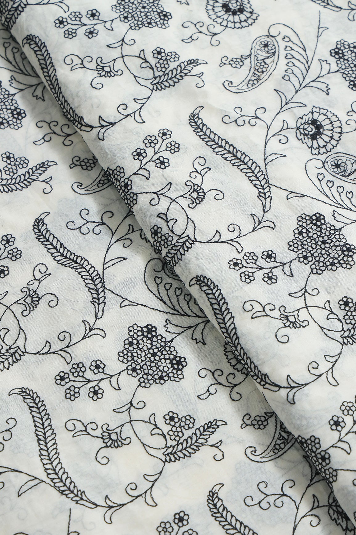 Beautiful Black Thread Floral Embroidery Work On Off White Pure Cotton Fabric