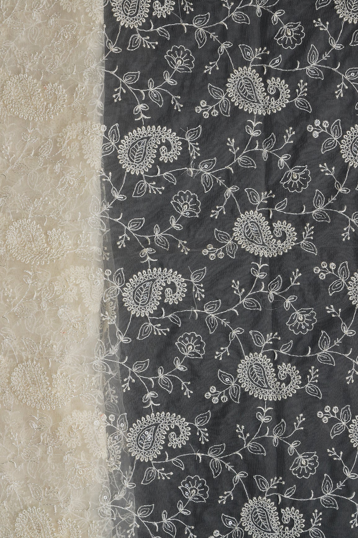 Cream Thread With Water Sequins Floral Paisley Embroidery Work On Cream Soft Net Fabric