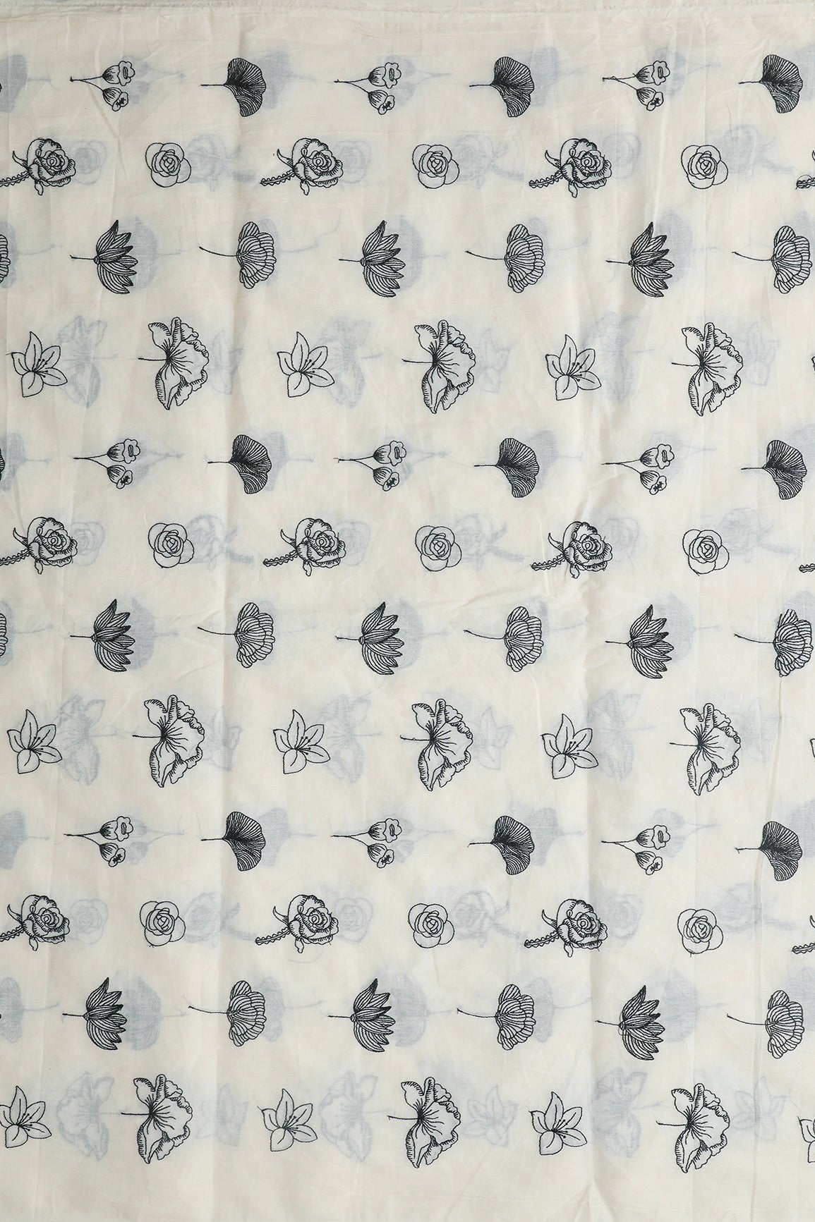 Beautiful Black Thread Floral Embroidery Work On Off White Pure Cotton Fabric