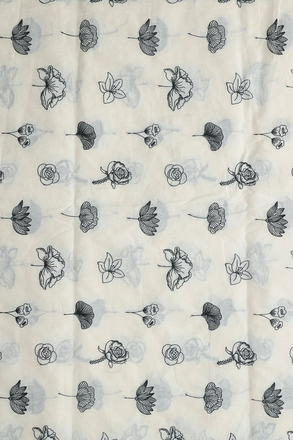 Beautiful Black Thread Floral Embroidery Work On Off White Pure Cotton Fabric