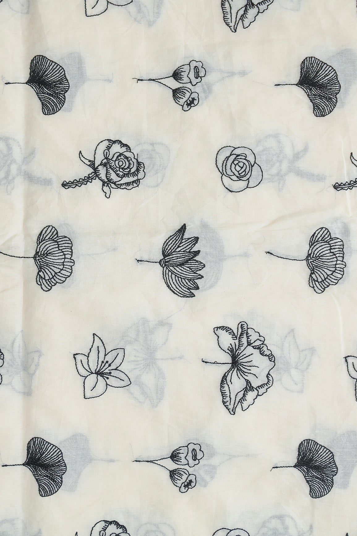 Beautiful Black Thread Floral Embroidery Work On Off White Pure Cotton Fabric