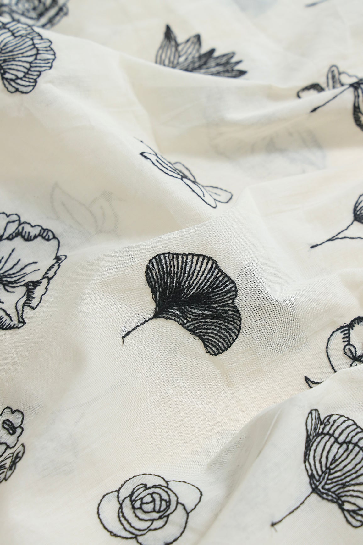 Beautiful Black Thread Floral Embroidery Work On Off White Pure Cotton Fabric