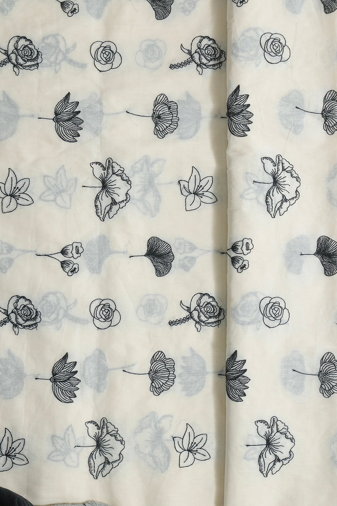 Beautiful Black Thread Floral Embroidery Work On Off White Pure Cotton Fabric