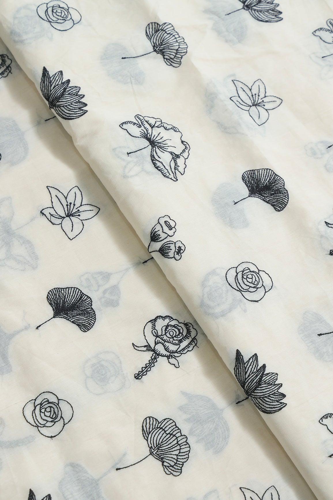 Beautiful Black Thread Floral Embroidery Work On Off White Pure Cotton Fabric