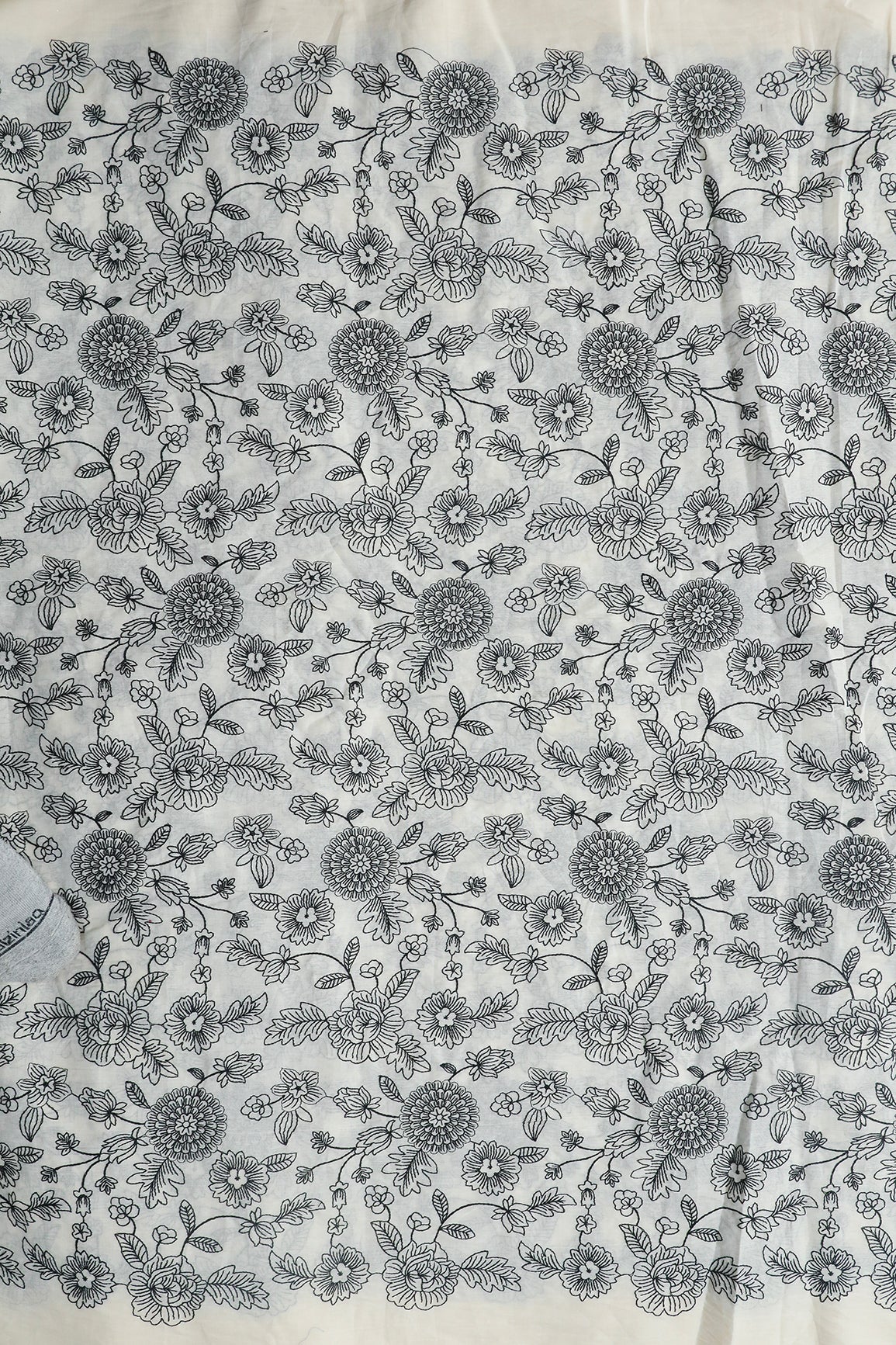 Beautiful Black Thread Floral Embroidery Work On Off White Pure Cotton Fabric