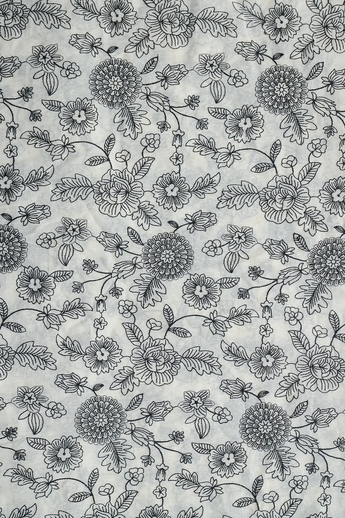 Beautiful Black Thread Floral Embroidery Work On Off White Pure Cotton Fabric