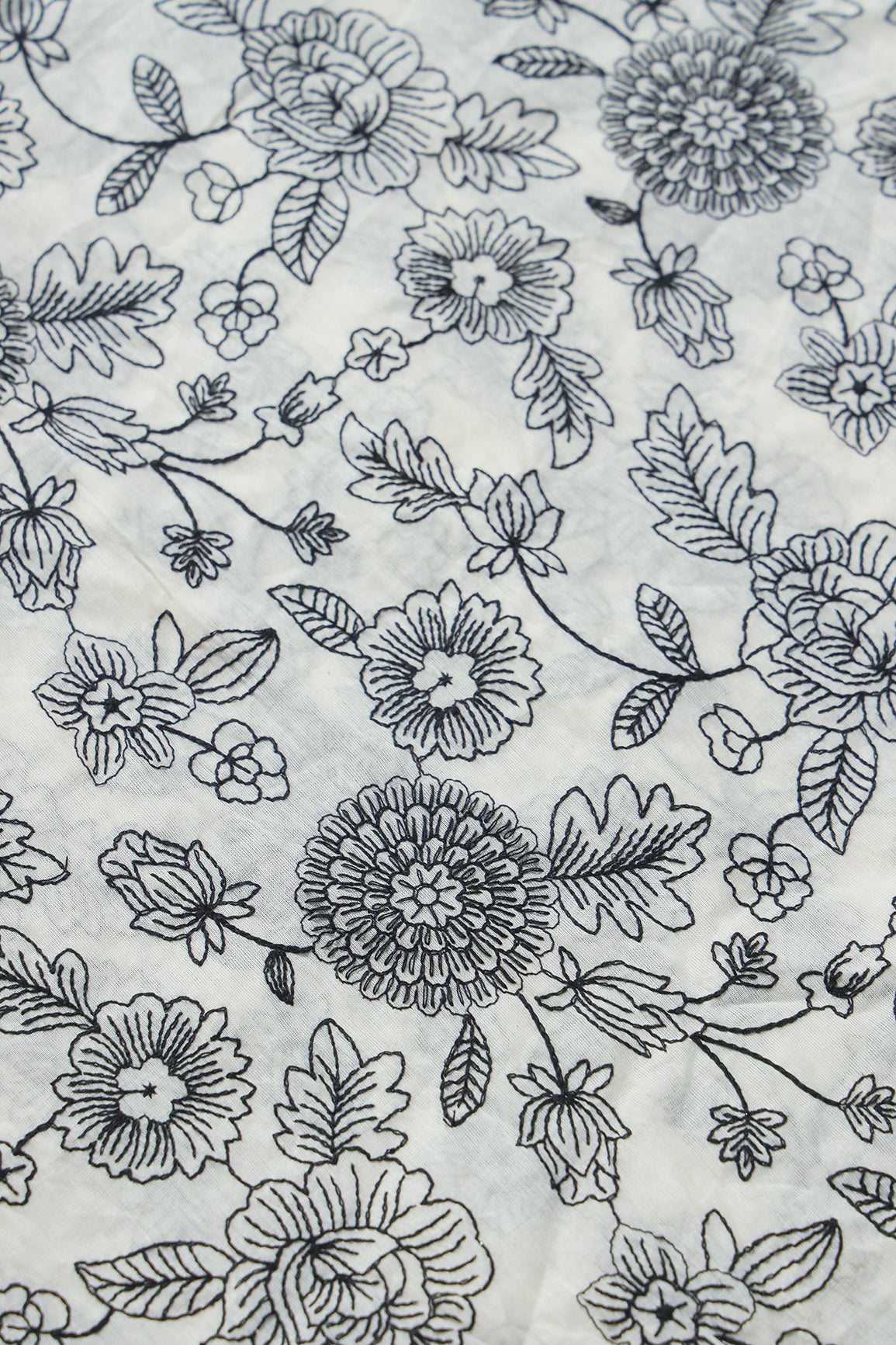 Beautiful Black Thread Floral Embroidery Work On Off White Pure Cotton Fabric