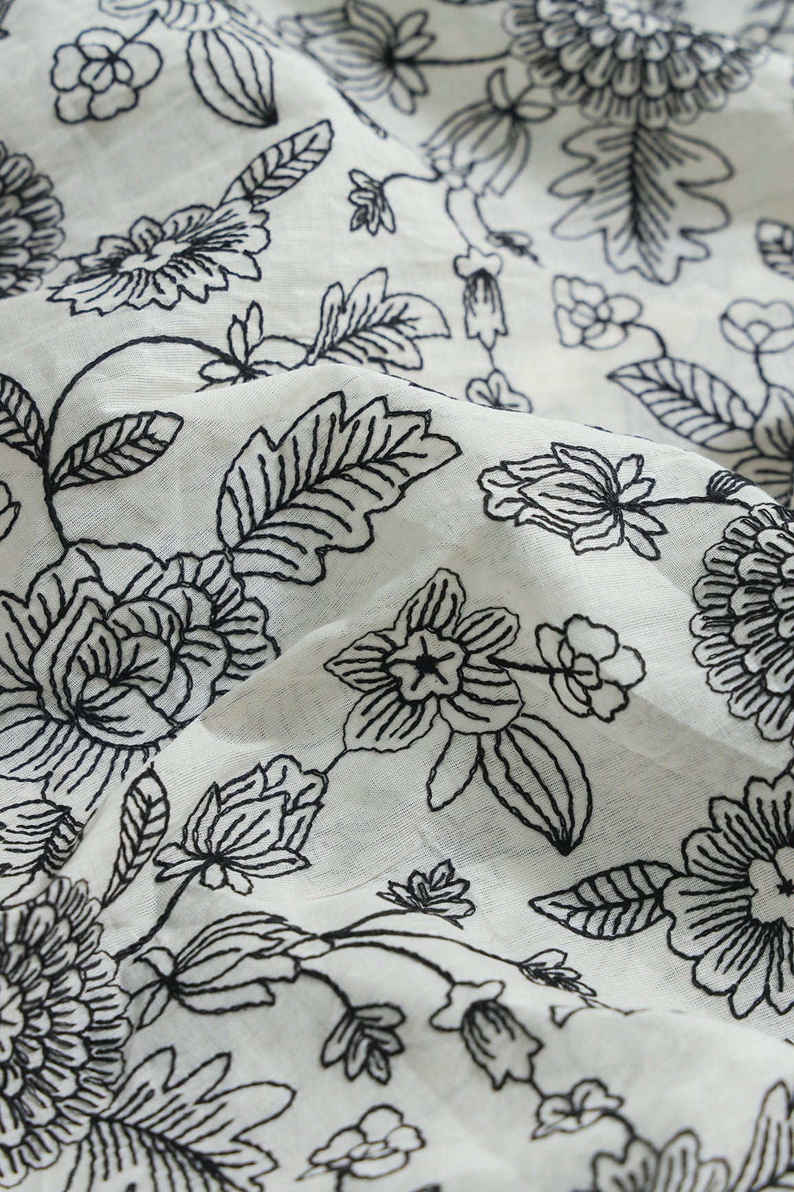 Beautiful Black Thread Floral Embroidery Work On Off White Pure Cotton Fabric
