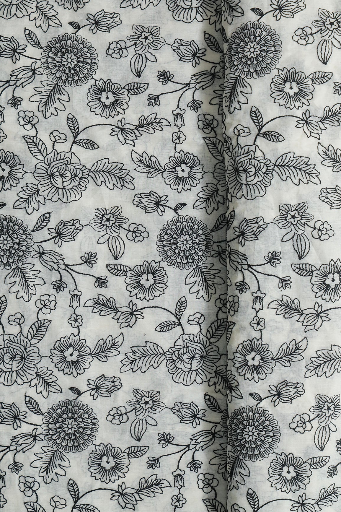 Beautiful Black Thread Floral Embroidery Work On Off White Pure Cotton Fabric