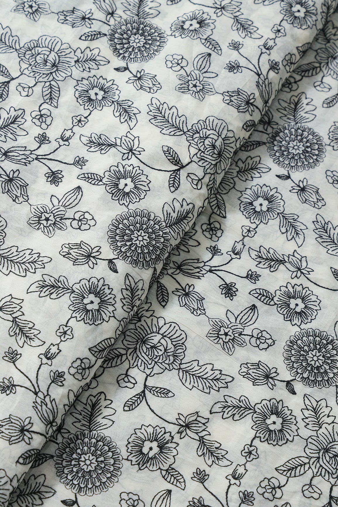 Beautiful Black Thread Floral Embroidery Work On Off White Pure Cotton Fabric
