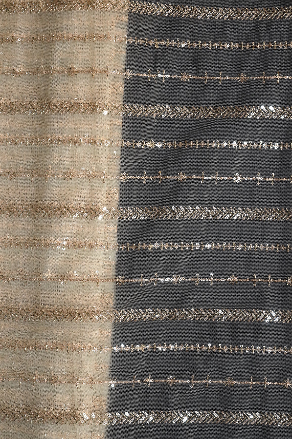 Gold Beads With Gold Sequins Beautiful Stripes Embroidery Work On Off White Soft Net Fabric