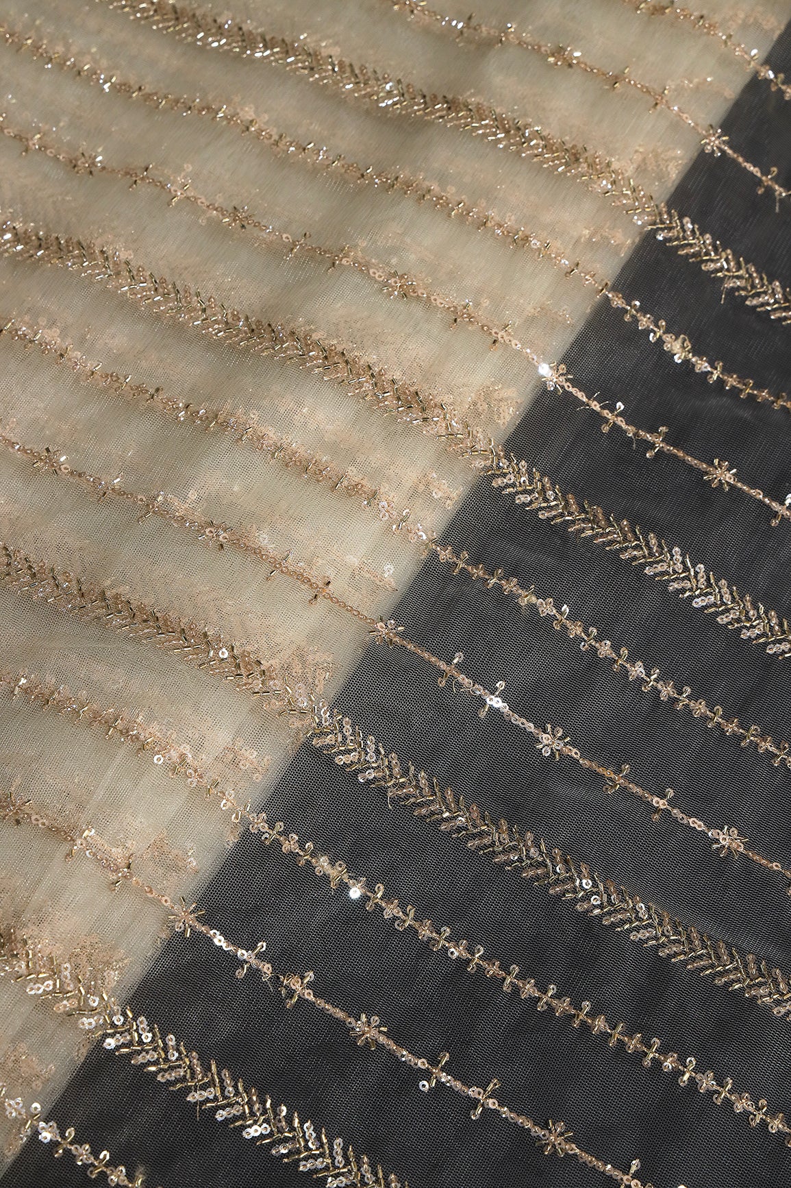 Gold Beads With Gold Sequins Beautiful Stripes Embroidery Work On Off White Soft Net Fabric