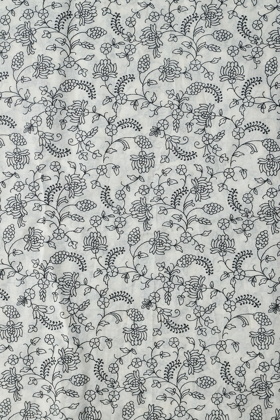 Black Thread Beautiful Floral Embroidery Work On Off White Pure Cotton Fabric