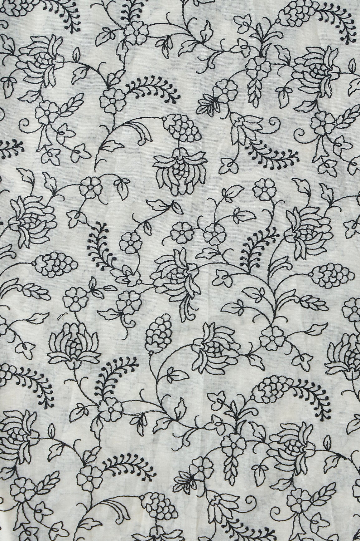 Black Thread Beautiful Floral Embroidery Work On Off White Pure Cotton Fabric