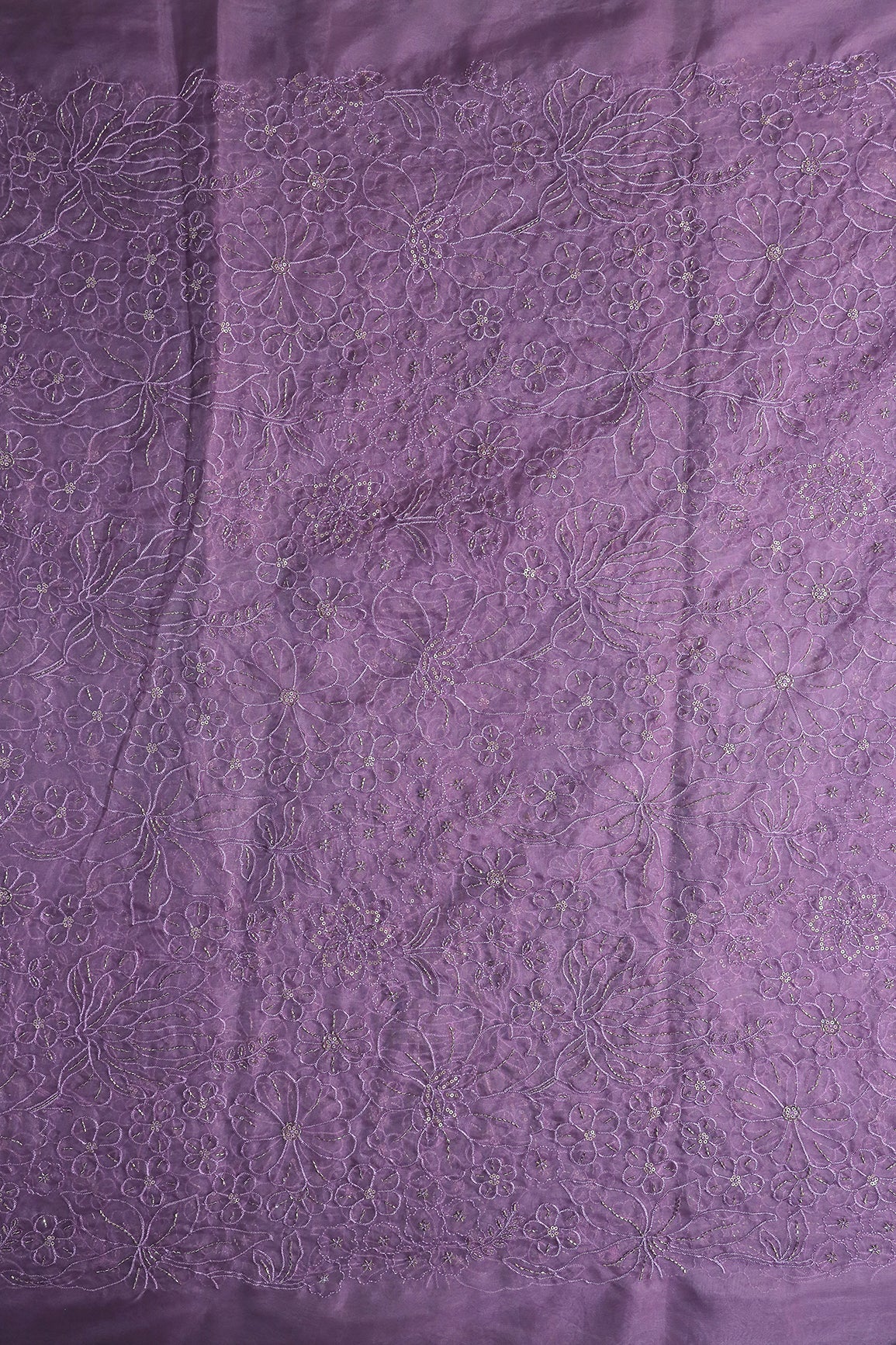 Lavender Thread & Beads With Sequins Floral Embroidery Work On Lavender Organza Fabric