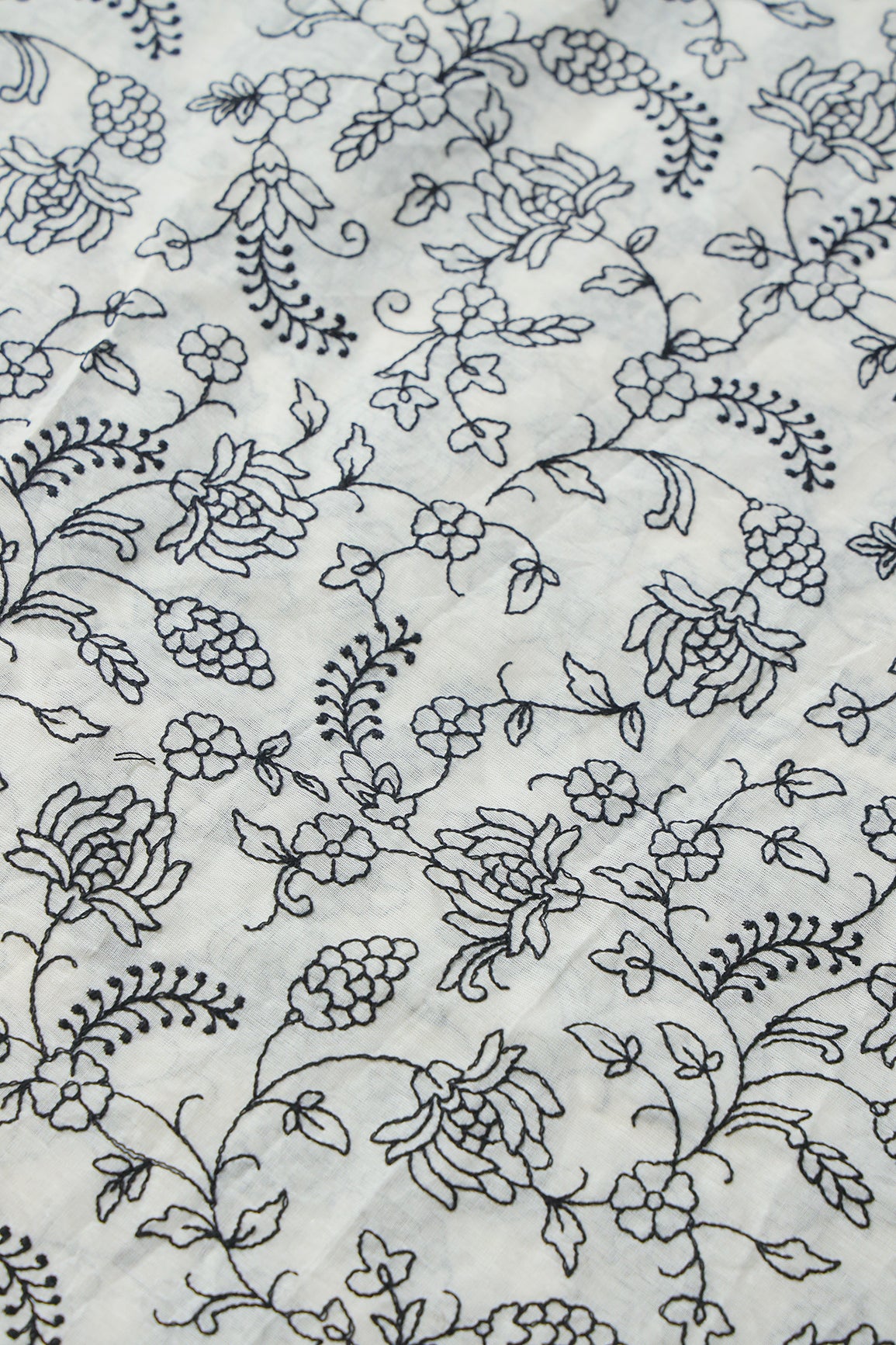 Black Thread Beautiful Floral Embroidery Work On Off White Pure Cotton Fabric