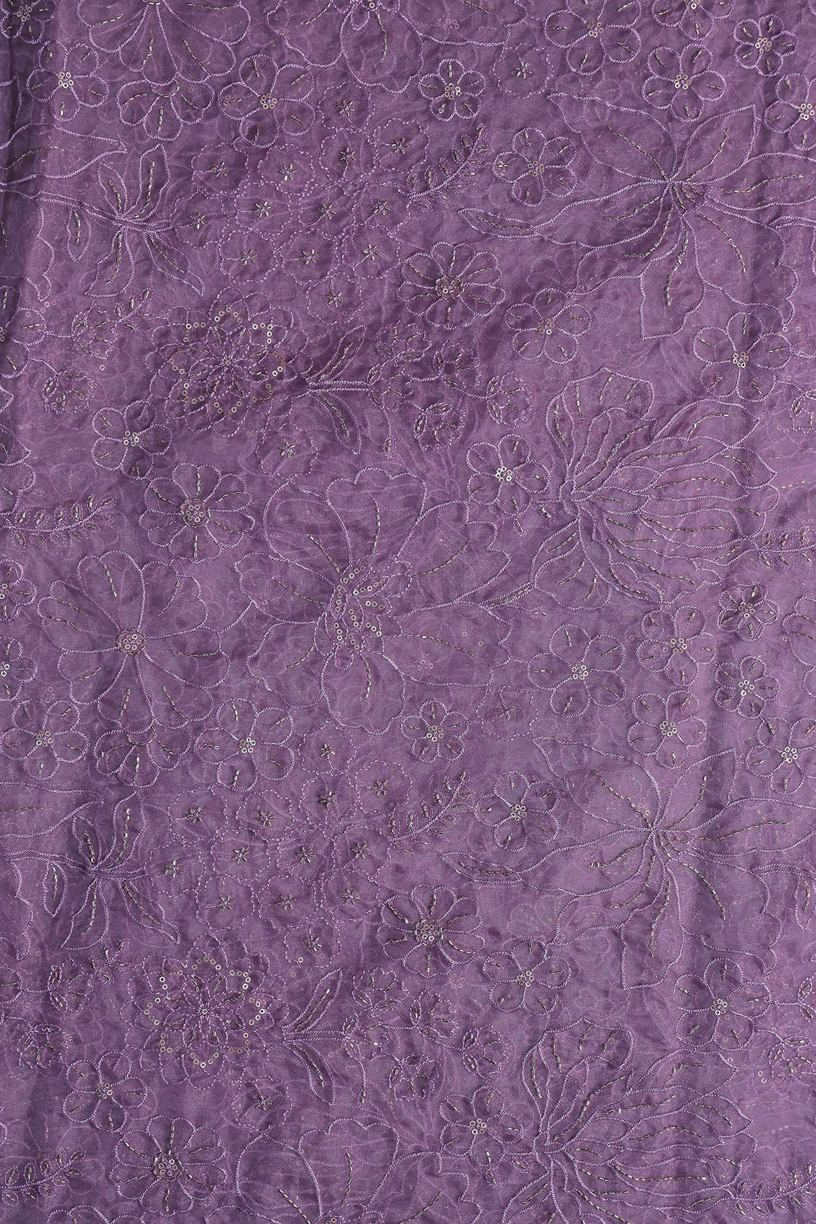 Lavender Thread & Beads With Sequins Floral Embroidery Work On Lavender Organza Fabric