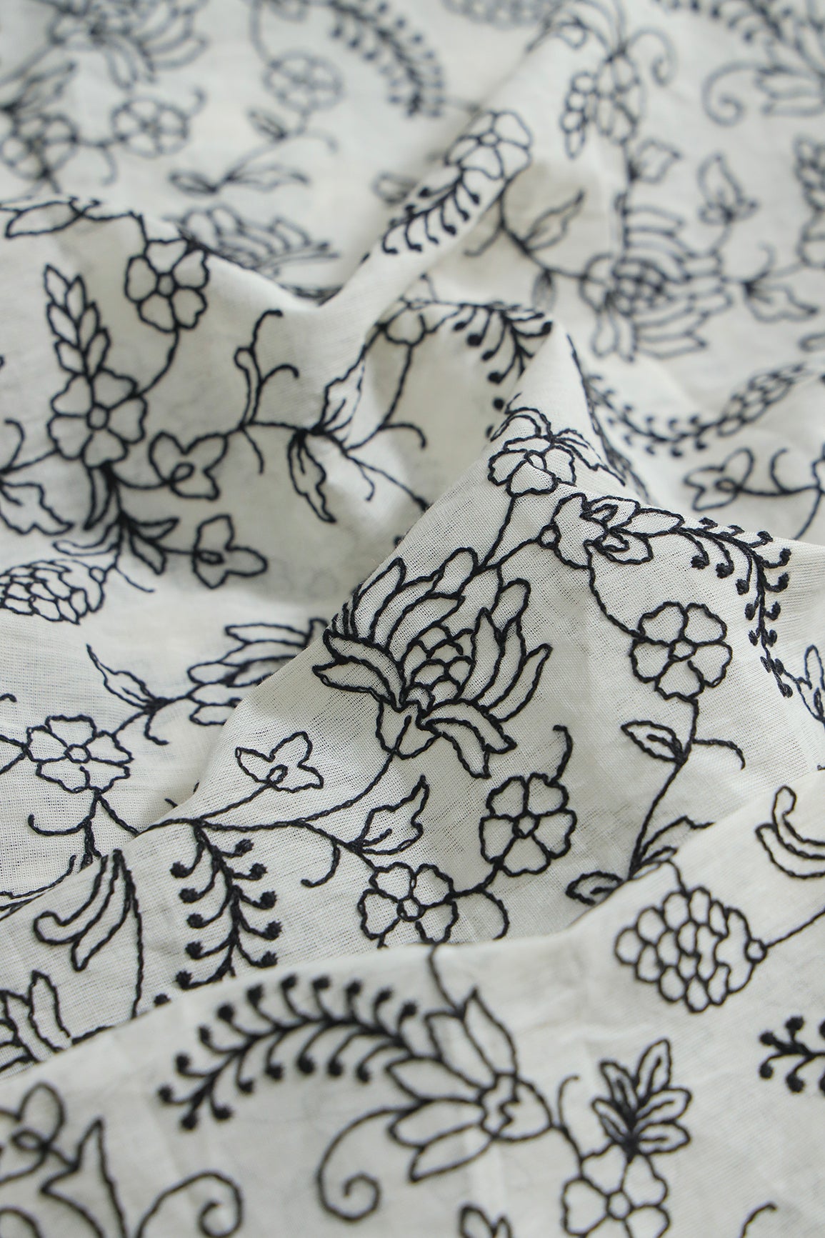 Black Thread Beautiful Floral Embroidery Work On Off White Pure Cotton Fabric