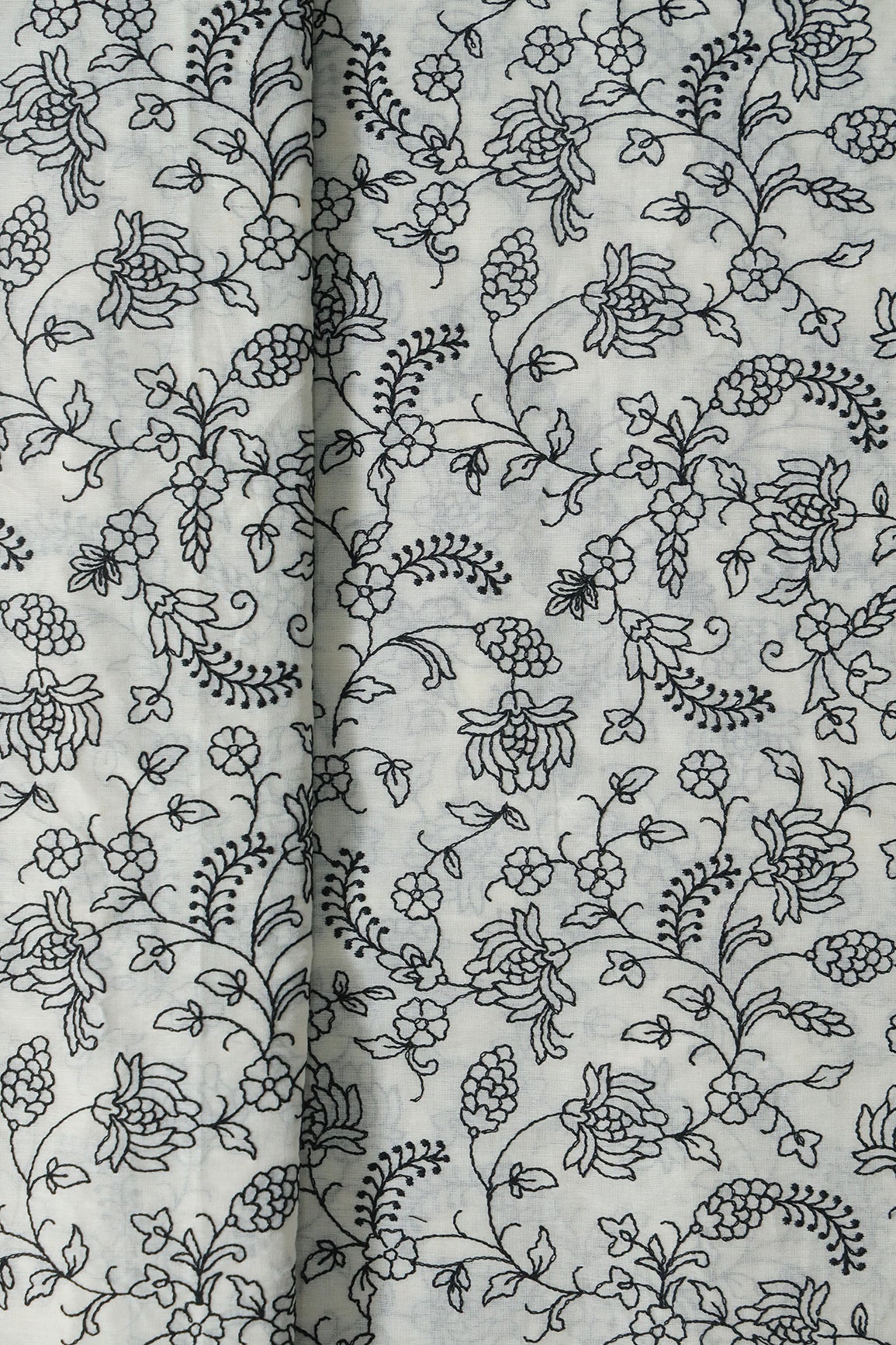 Black Thread Beautiful Floral Embroidery Work On Off White Pure Cotton Fabric