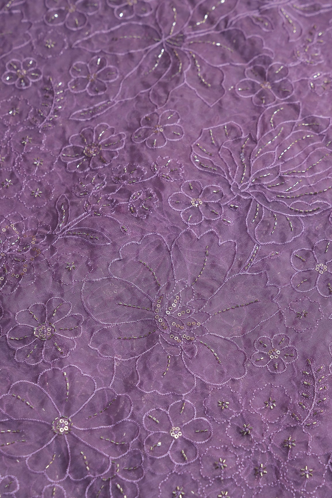 Lavender Thread & Beads With Sequins Floral Embroidery Work On Lavender Organza Fabric