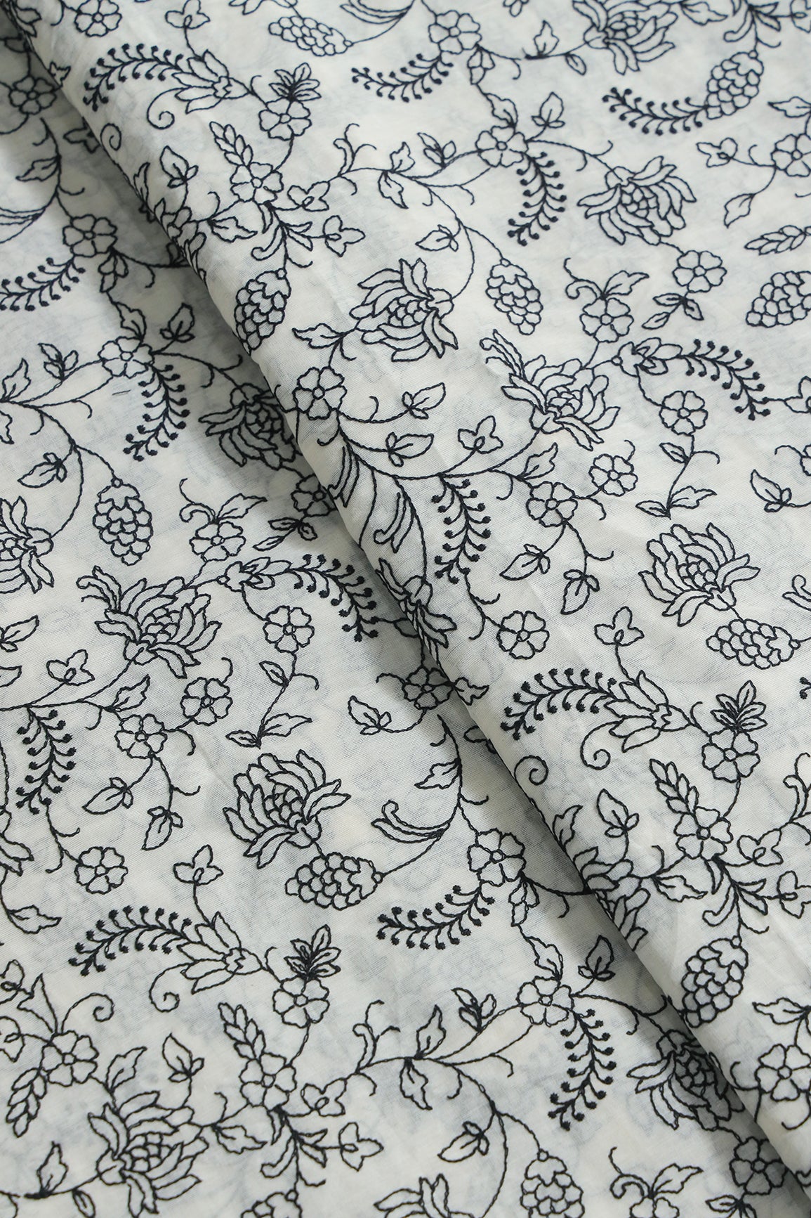 Black Thread Beautiful Floral Embroidery Work On Off White Pure Cotton Fabric