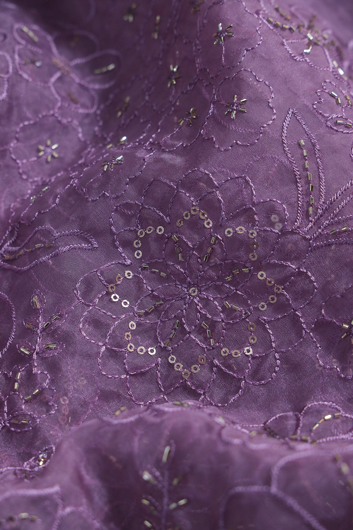 Lavender Thread & Beads With Sequins Floral Embroidery Work On Lavender Organza Fabric