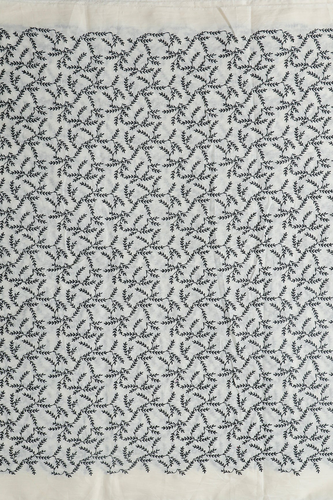 Black Thread beautiful Leafy Embroidery Work On Off White Organic Cotton Fabric