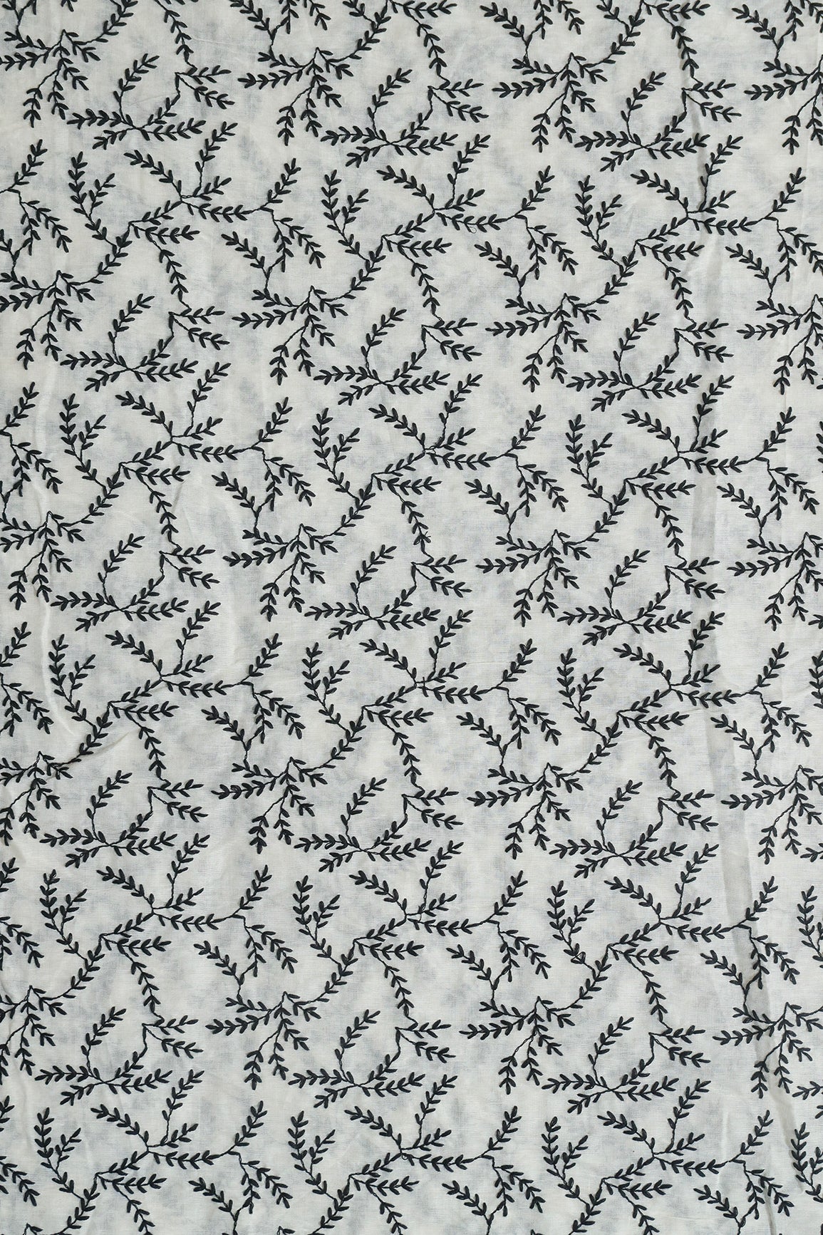 Black Thread beautiful Leafy Embroidery Work On Off White Organic Cotton Fabric