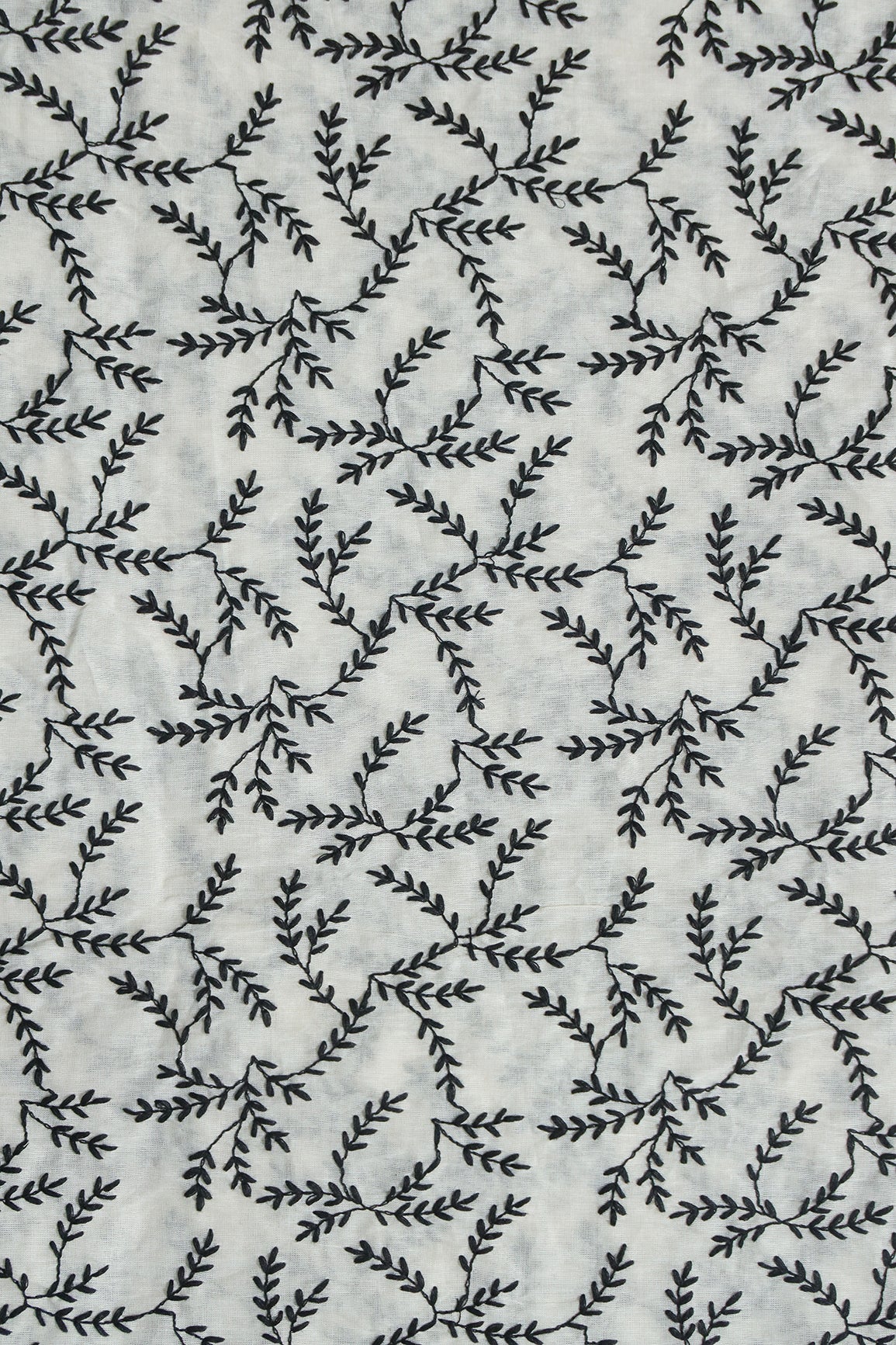 Black Thread beautiful Leafy Embroidery Work On Off White Organic Cotton Fabric