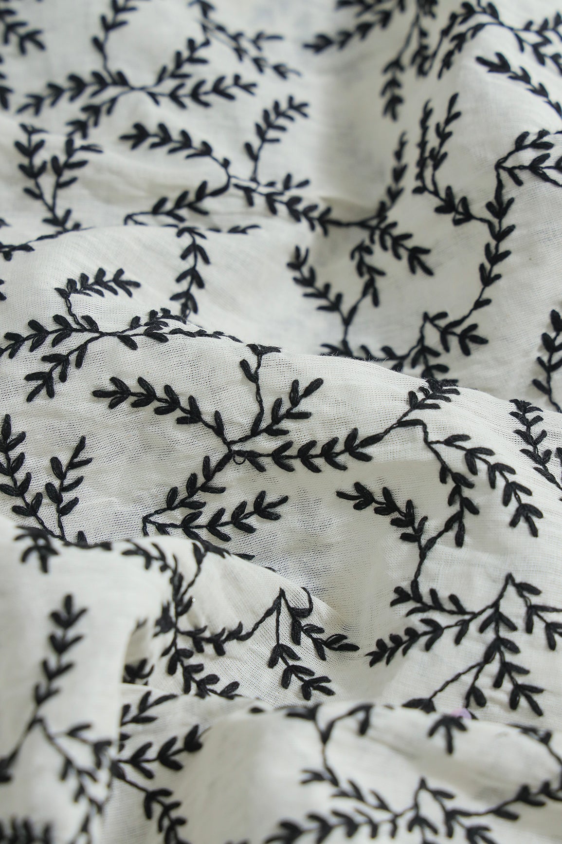 Black Thread beautiful Leafy Embroidery Work On Off White Organic Cotton Fabric