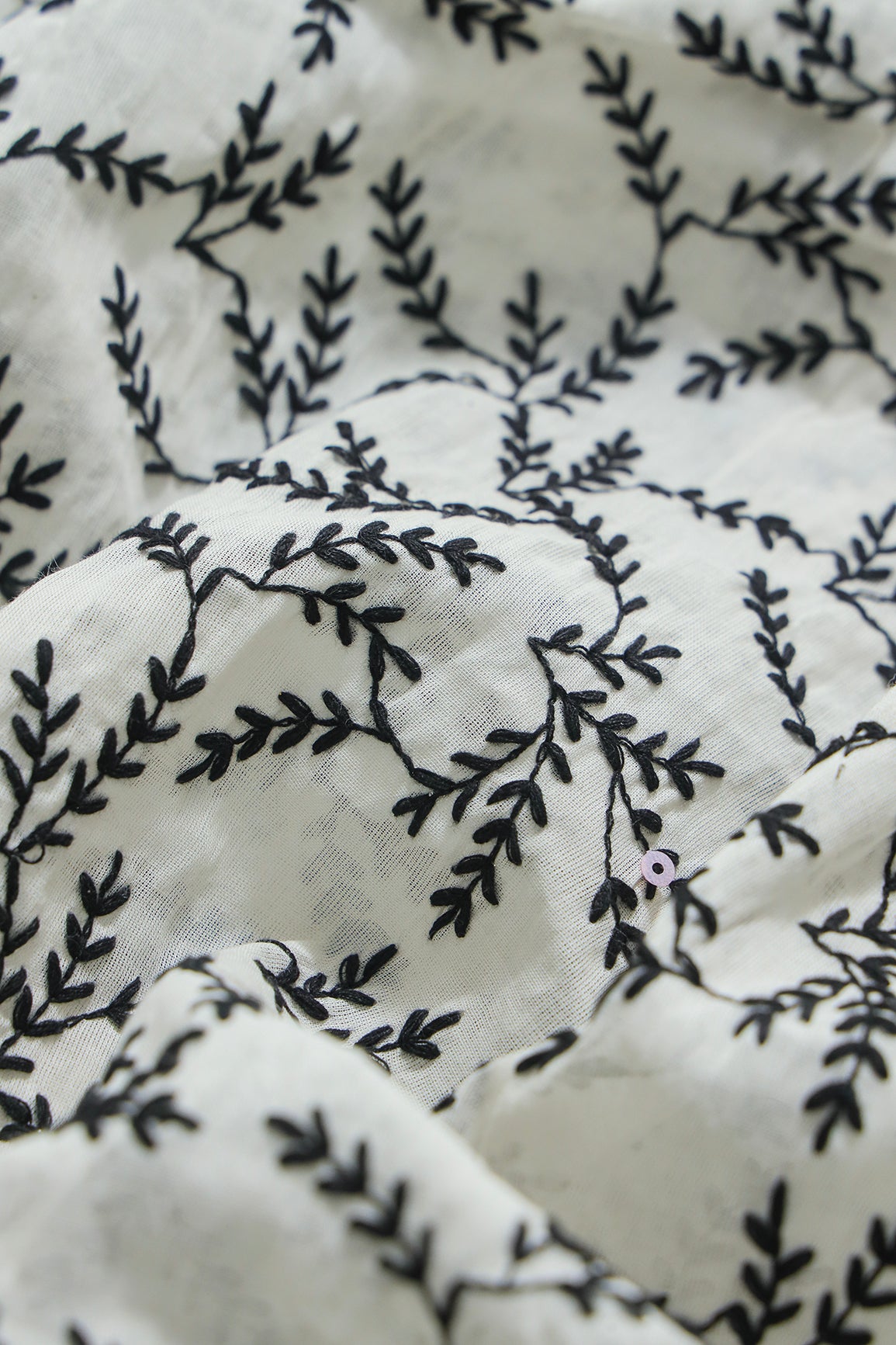 Black Thread beautiful Leafy Embroidery Work On Off White Organic Cotton Fabric