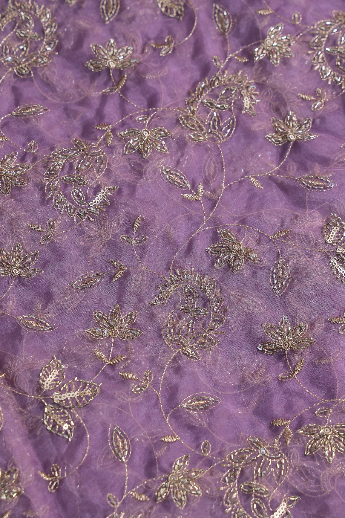 Gold Sequins & Beads With Zari Floral Leafy Paisley Embroidery Work On Lavender Organza Fabric