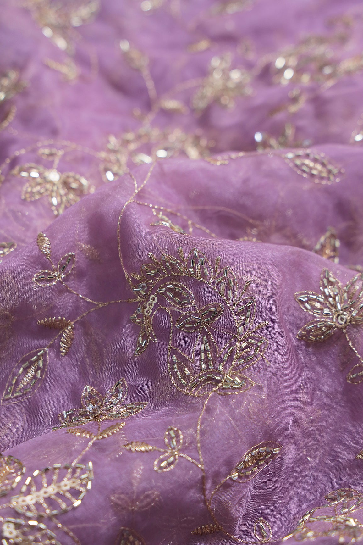 Gold Sequins & Beads With Zari Floral Leafy Paisley Embroidery Work On Lavender Organza Fabric