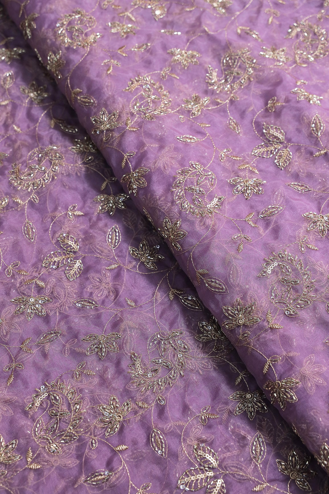 Gold Sequins & Beads With Zari Floral Leafy Paisley Embroidery Work On Lavender Organza Fabric