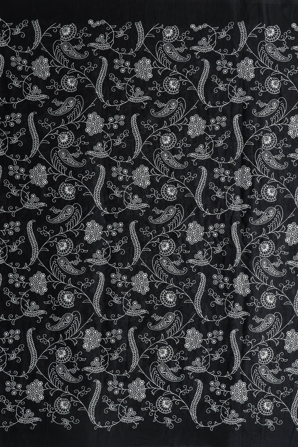 Beautiful White Thread Floral Embroidery Work On Black Pure Mul Cotton Fabric