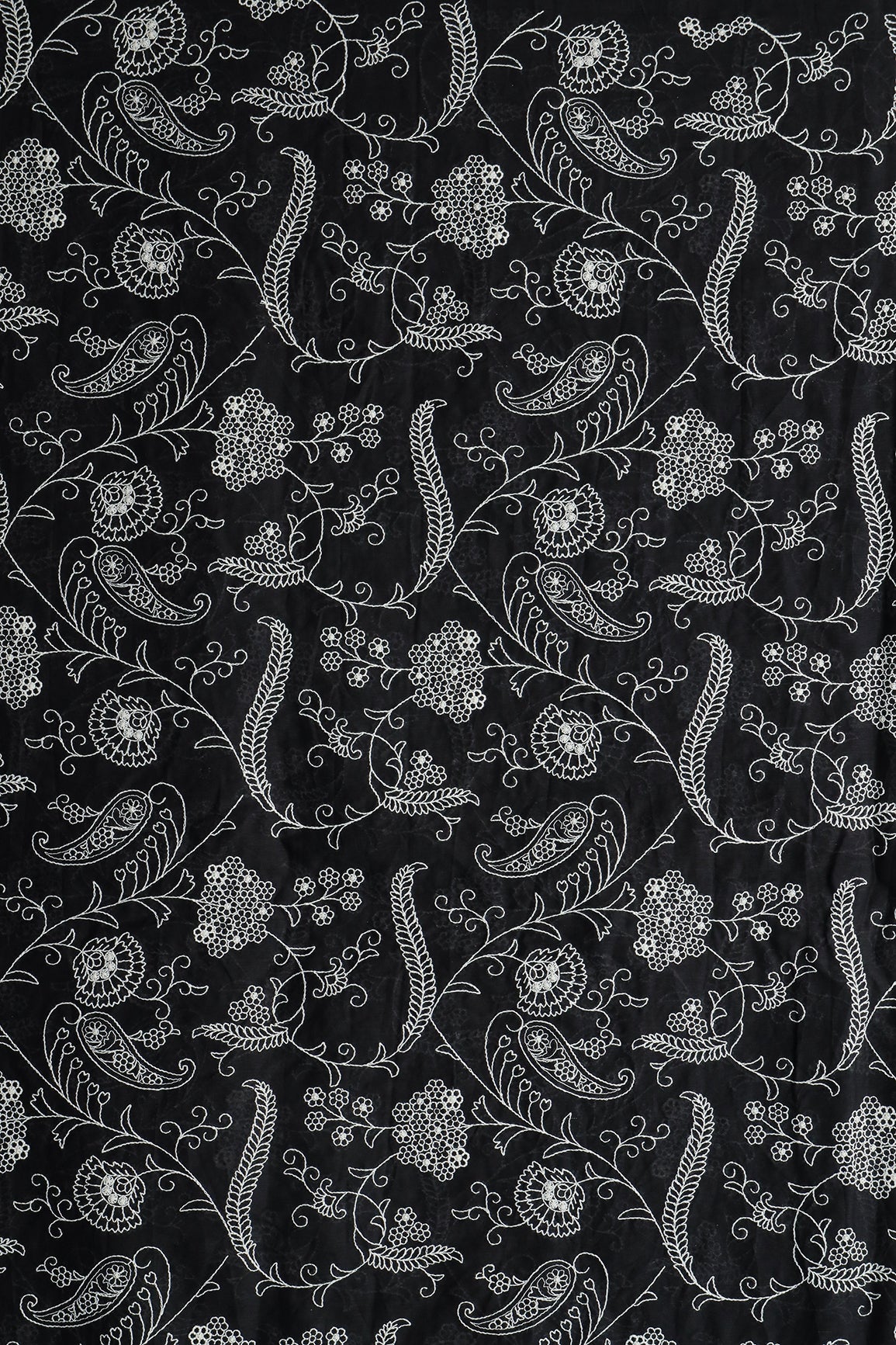 Beautiful White Thread Floral Embroidery Work On Black Pure Mul Cotton Fabric