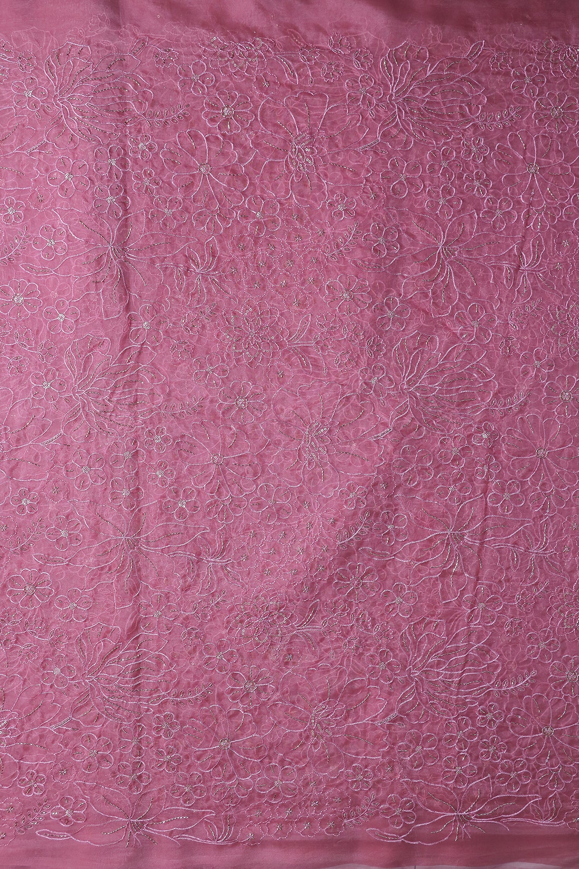 Dusty Rose Pink Thread & Beads With Sequins Floral Embroidery Work On Dusty Rose Pink Organza Fabric