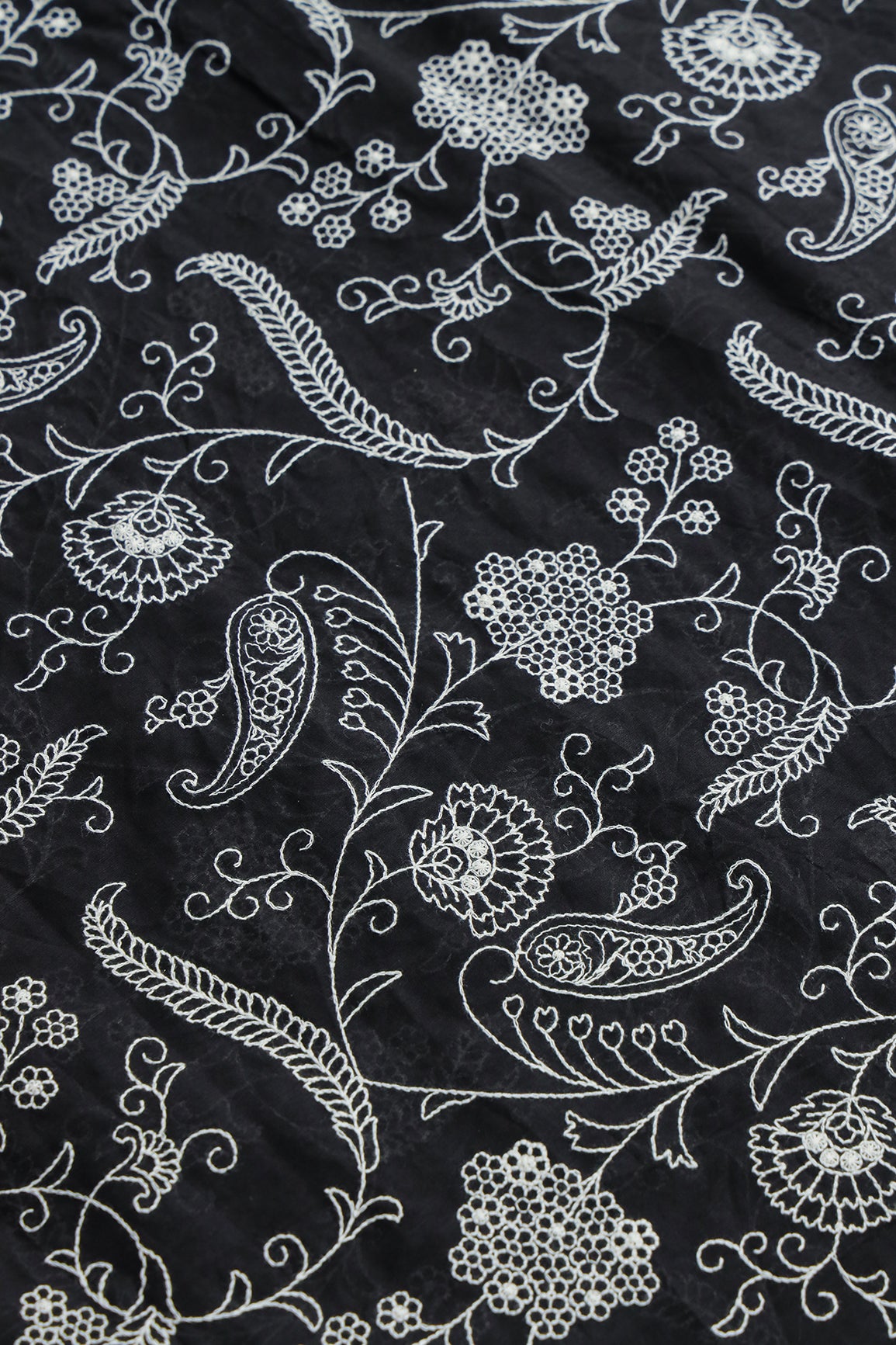 Beautiful White Thread Floral Embroidery Work On Black Pure Mul Cotton Fabric