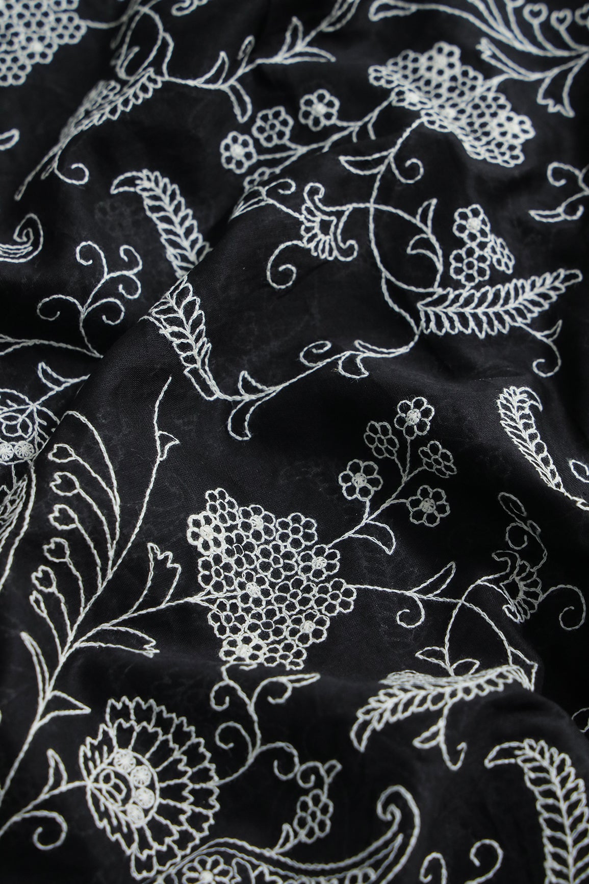 Beautiful White Thread Floral Embroidery Work On Black Pure Mul Cotton Fabric