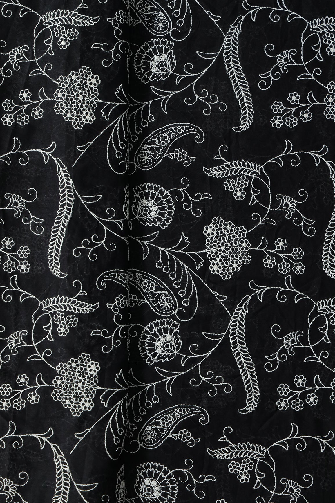 Beautiful White Thread Floral Embroidery Work On Black Pure Mul Cotton Fabric