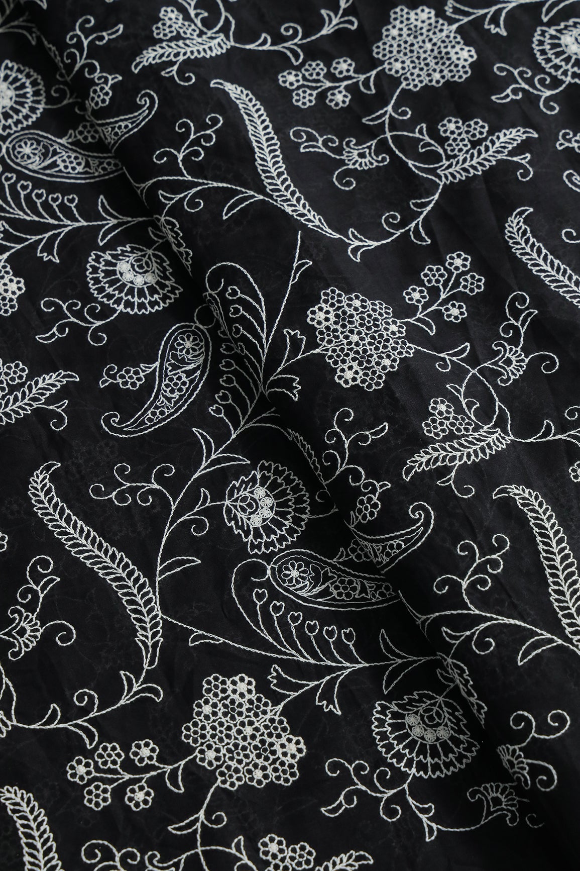 Beautiful White Thread Floral Embroidery Work On Black Pure Mul Cotton Fabric