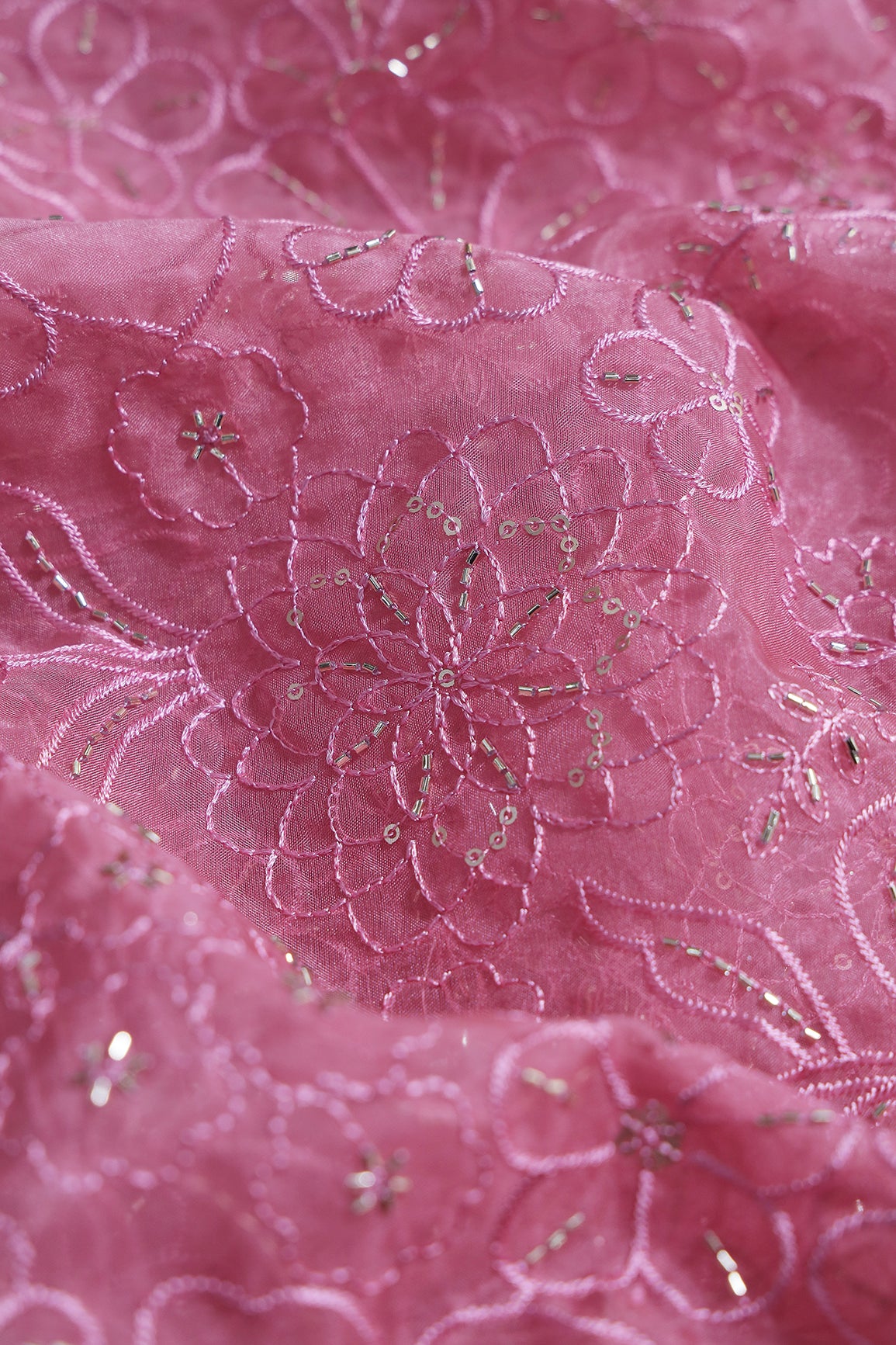 Dusty Rose Pink Thread & Beads With Sequins Floral Embroidery Work On Dusty Rose Pink Organza Fabric