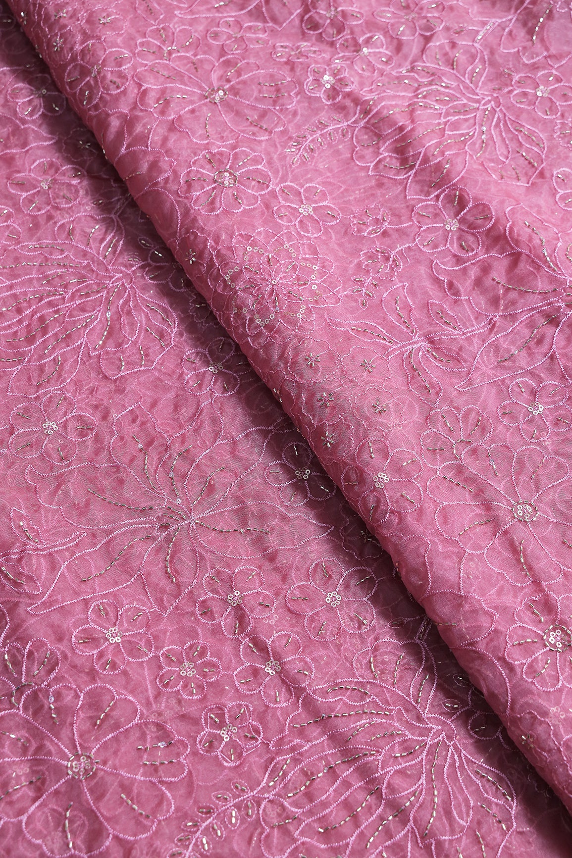 Dusty Rose Pink Thread & Beads With Sequins Floral Embroidery Work On Dusty Rose Pink Organza Fabric