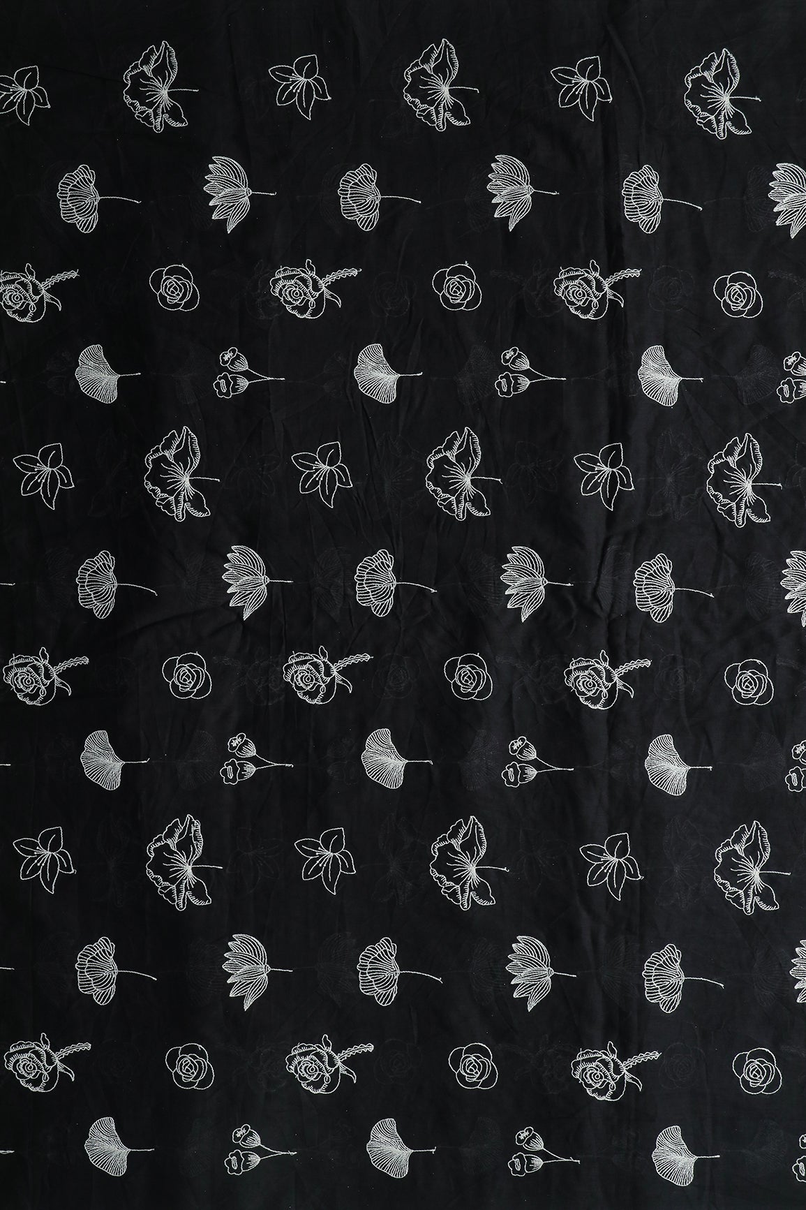 Beautiful White Thread Floral Embroidery Work On Black Pure Mul Cotton Fabric