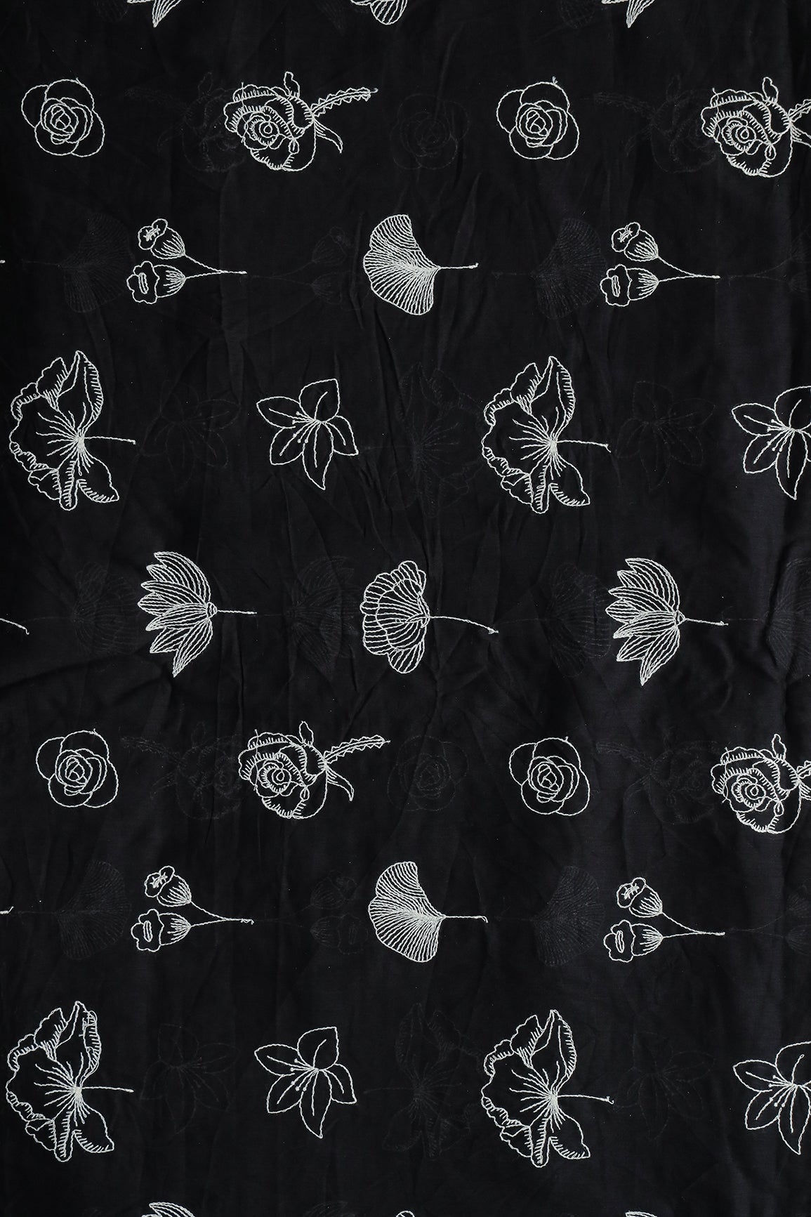 Beautiful White Thread Floral Embroidery Work On Black Pure Mul Cotton Fabric