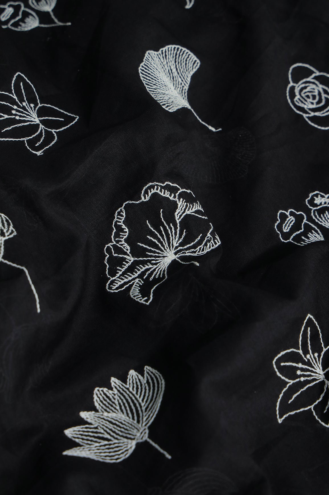 Beautiful White Thread Floral Embroidery Work On Black Pure Mul Cotton Fabric