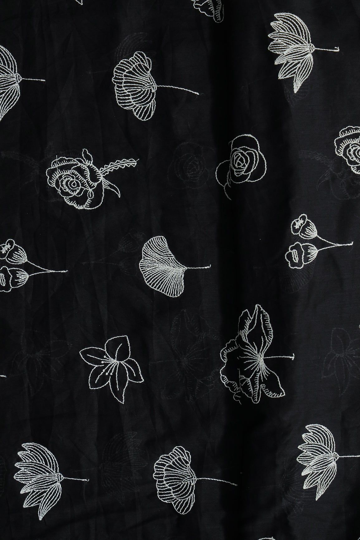Beautiful White Thread Floral Embroidery Work On Black Pure Mul Cotton Fabric