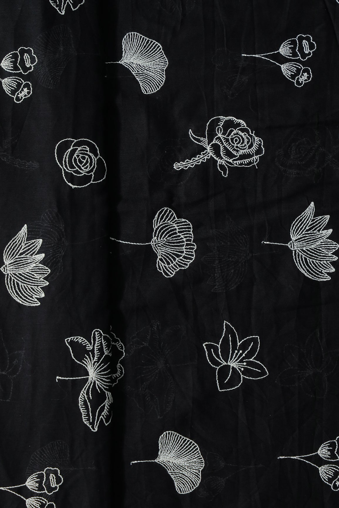 Beautiful White Thread Floral Embroidery Work On Black Pure Mul Cotton Fabric